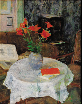 "Interior and stillife with red lillies"
