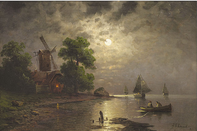 A coastal scene with fishing boats and a windmill in moonlight