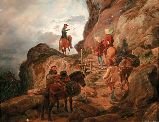 Travellers with horses on a mountain path