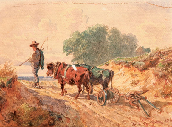 Bauer mit Ochsen und Pflug im sandigen Hohlweg