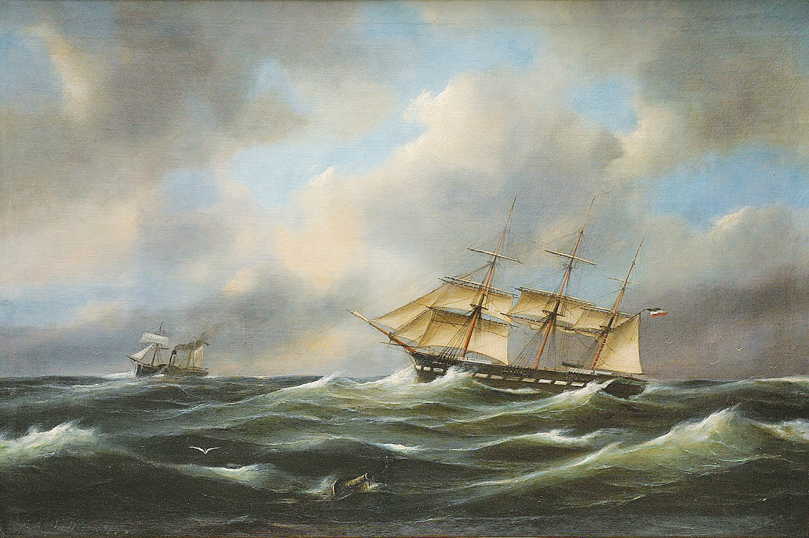 A fourmaster and a sailed paddle-steamer on the high Seas