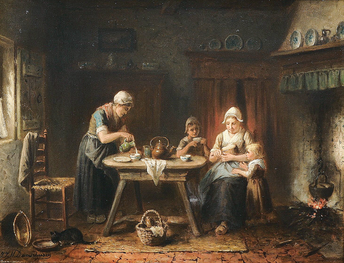 "A family in a frisian kitchen, with children and a cat"