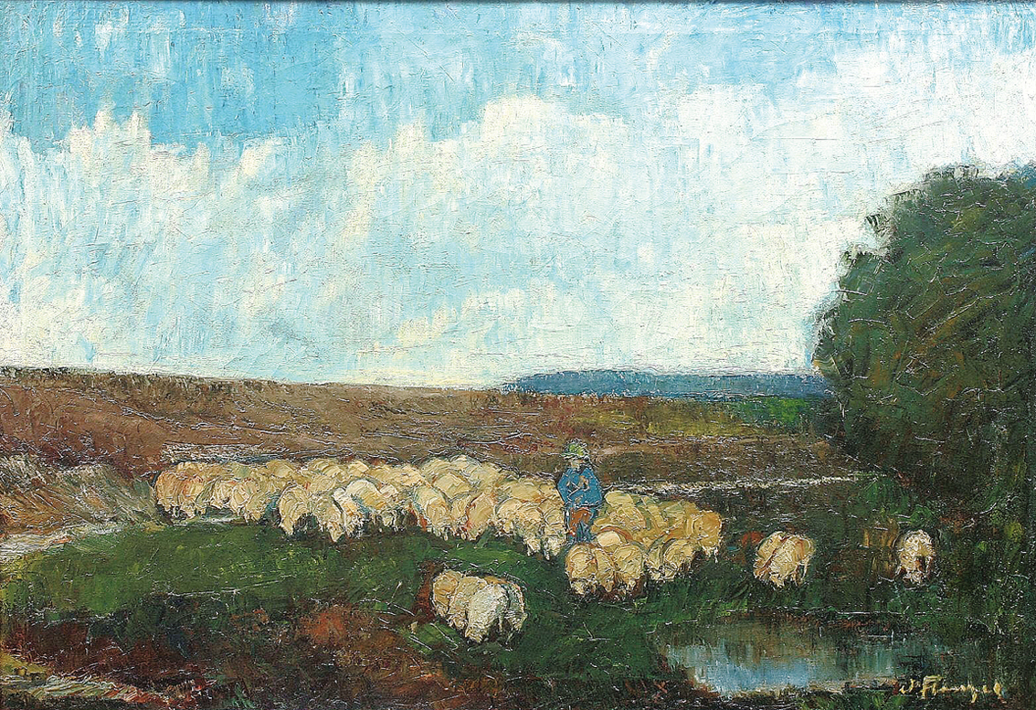 Shepherd and sheep in a heath-landscape