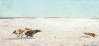 Two dogs chasing a hare in the snow
