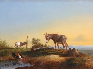 Esel, Ziege und Geflügel im erhöhten Vordergrund einer weiten Landschaft