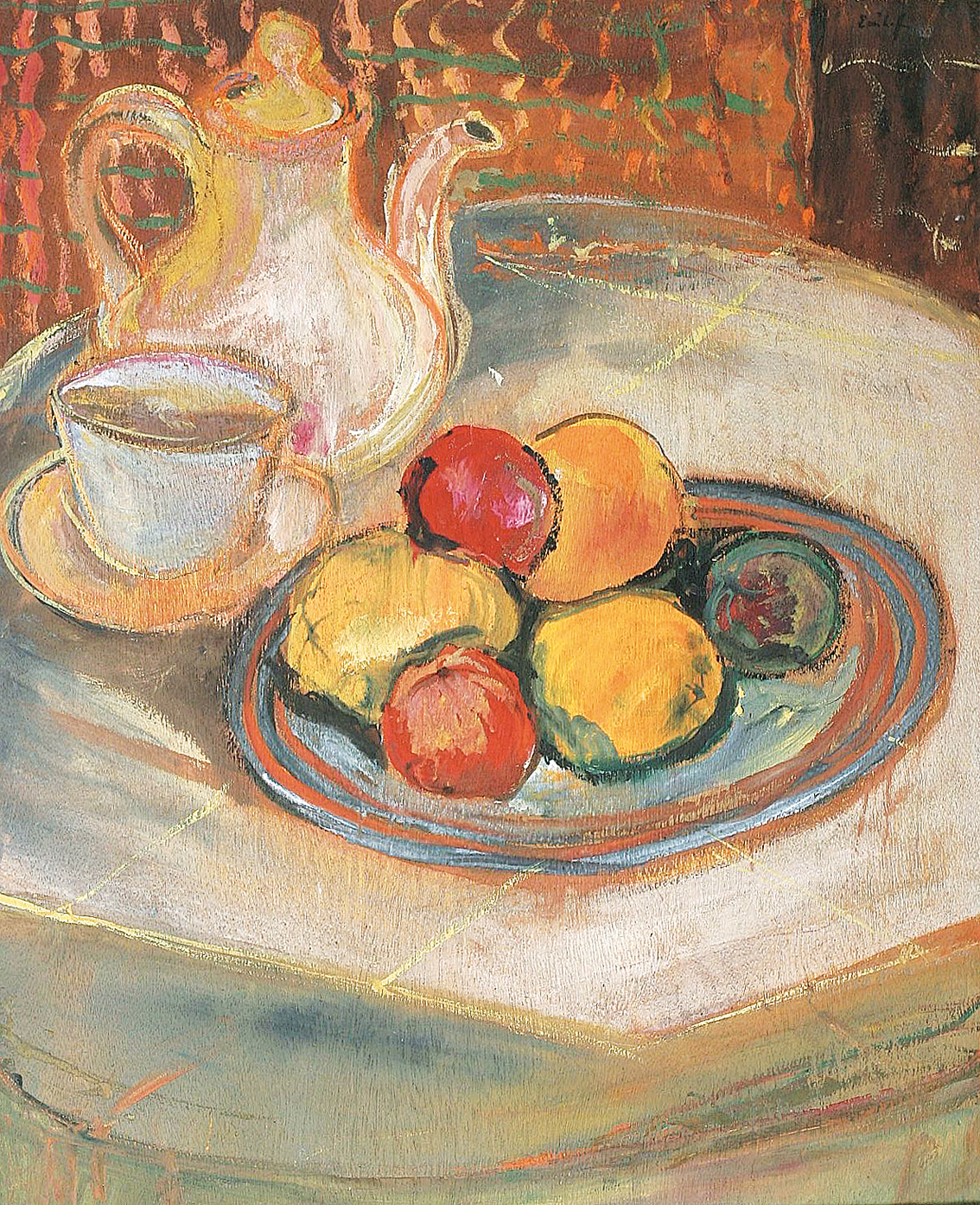 A still life with fruit bowl and coffe pot