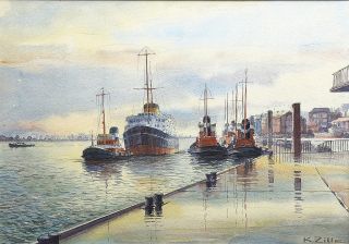 Hamburg: A steamer and a tugboat