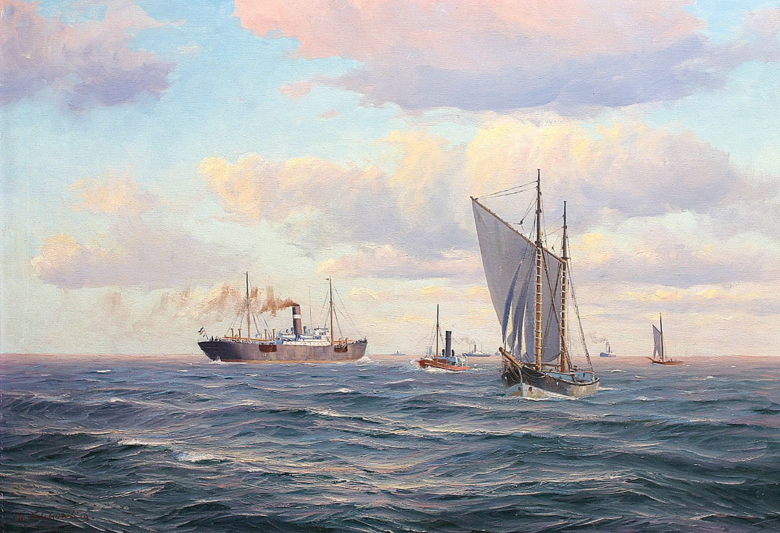Steam ships and lighters at sea