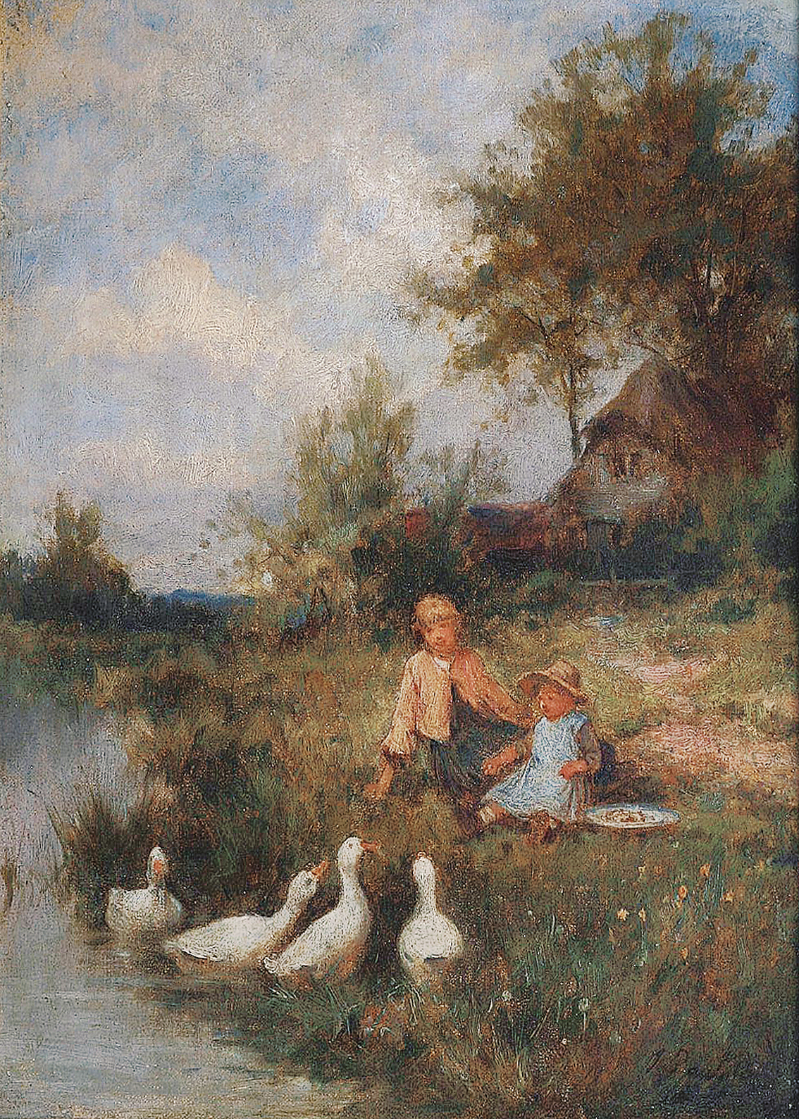 A landscape on Funen with children and geese