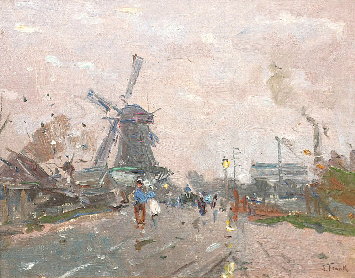 A street scene with a windmill