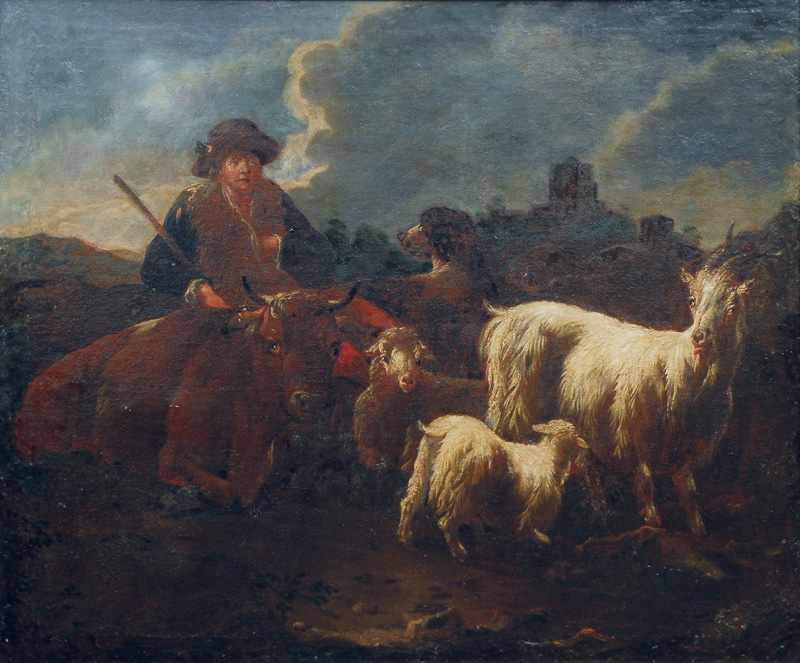 Shepherd and his flock in a Roman landscape