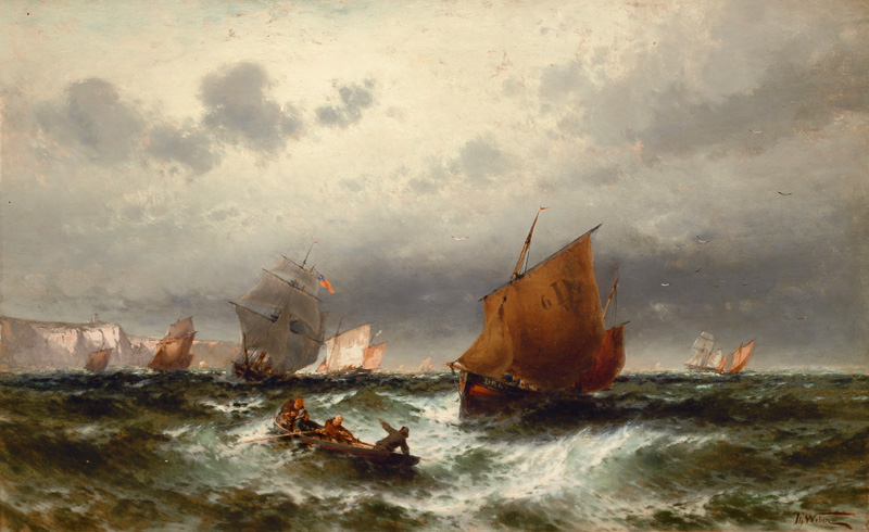 Sailing vessels in front of the rocky coast of Dover