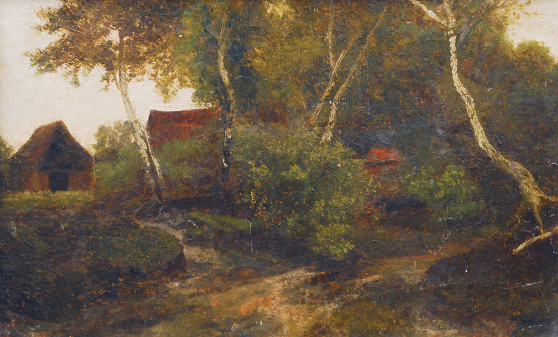 Landscape with birches and houses