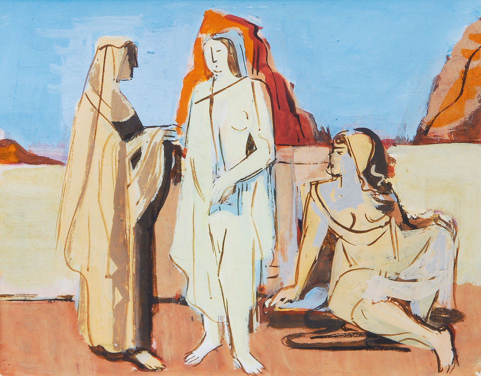 Three women in a mediteranian landscape