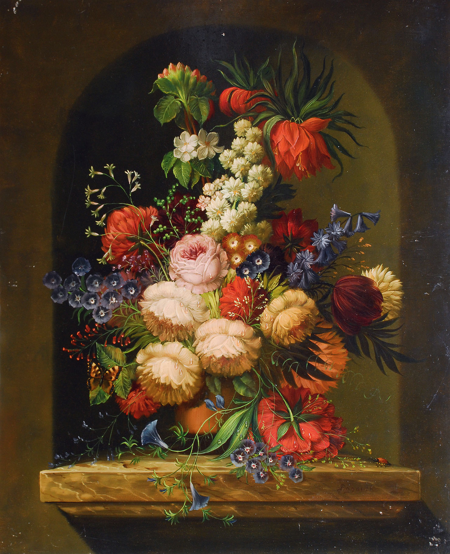 Still life with flowers on a marble plinth