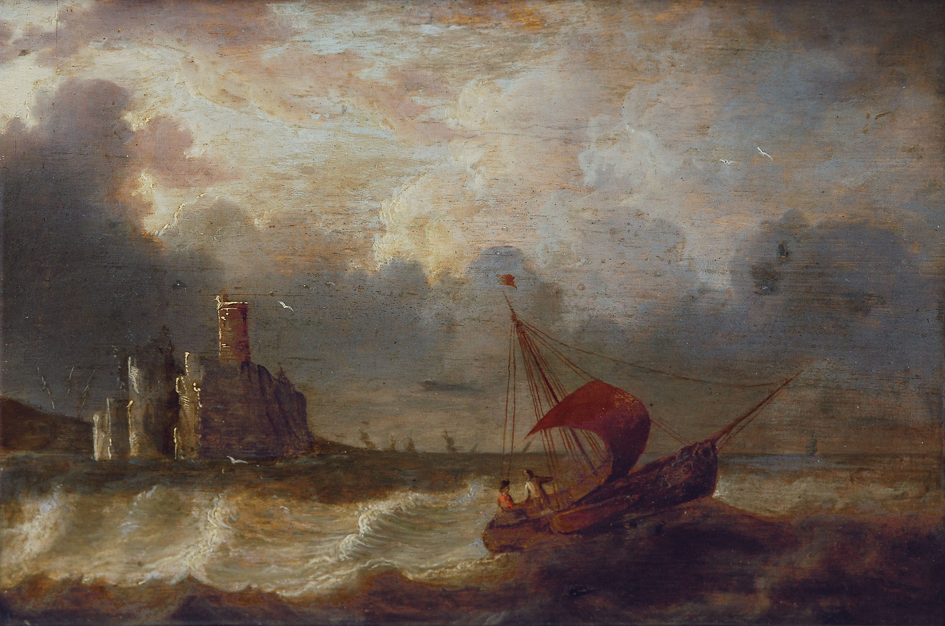 Coastel scene with a sailing boat in a stormy sea