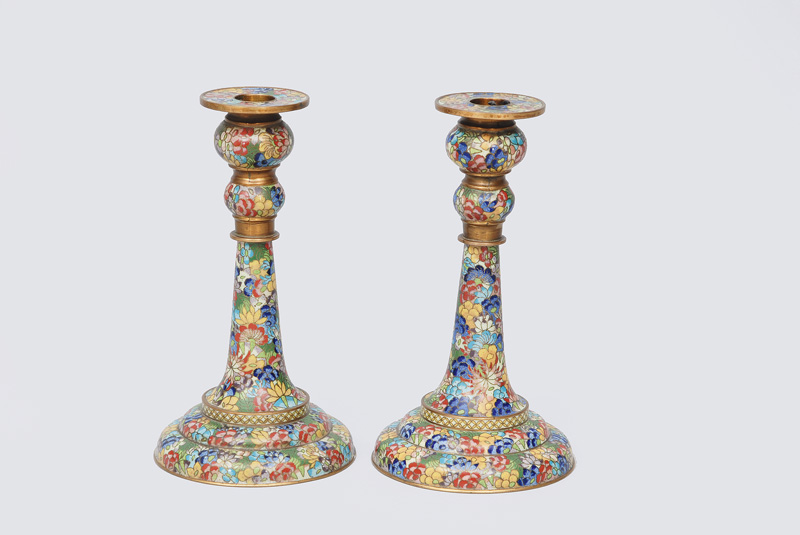 A pair of Cloisonné candlesticks "Millefleurs"