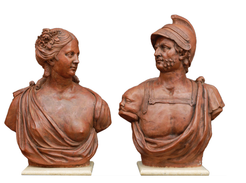 A pair of terracotta bustes "Mars" and "Flora"