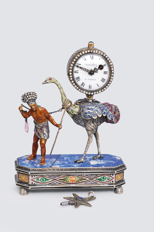 An extraordinary, small Louis-Seize table clock with ostrich and Native Indian f