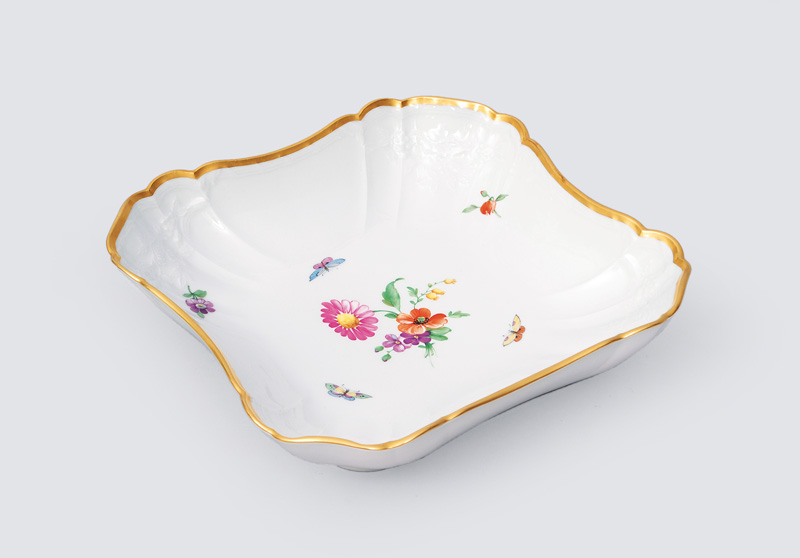 A square bowl with flower painting, relief decor and gold rim
