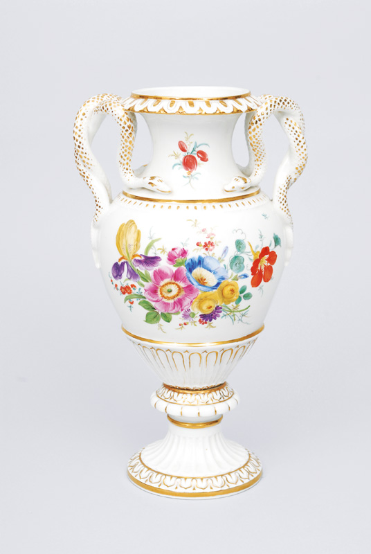 A double snake handle vase with fine flower painting