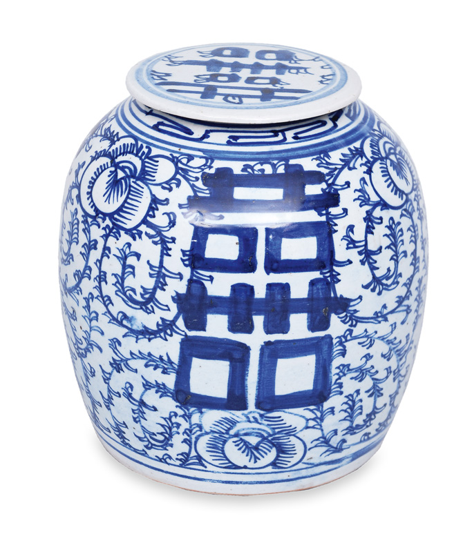 A storage vessel with blue floral painting