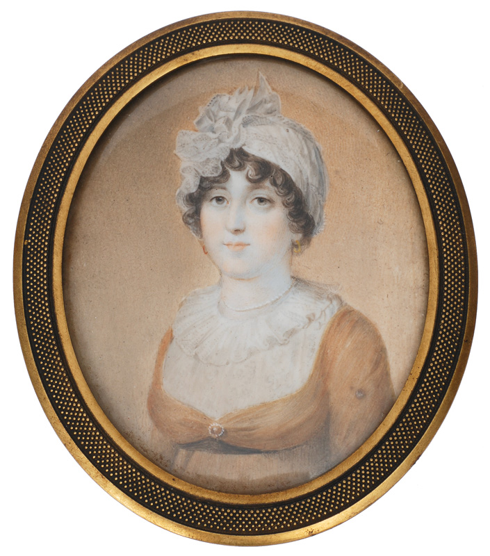 A Biedermeier miniature portrait "Young lady with mobcap"