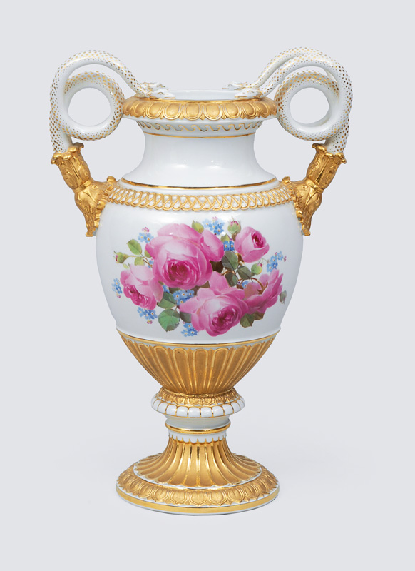 A vase with double snake-shaped handles and fine painted bouquet