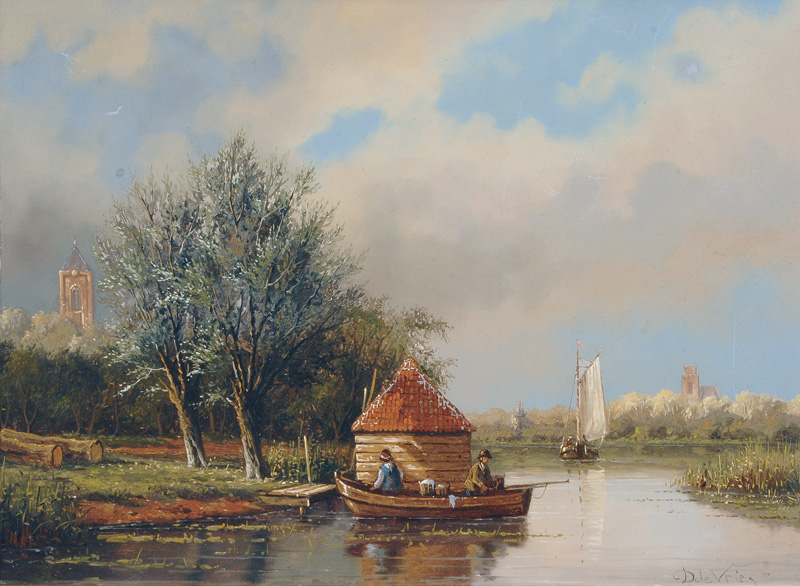 Idyllic River Landscape with Anglers