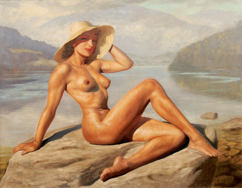 Female Nude on a Rock by a Lake