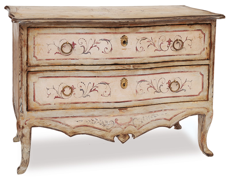 A coloured chest of drawers with floral painting