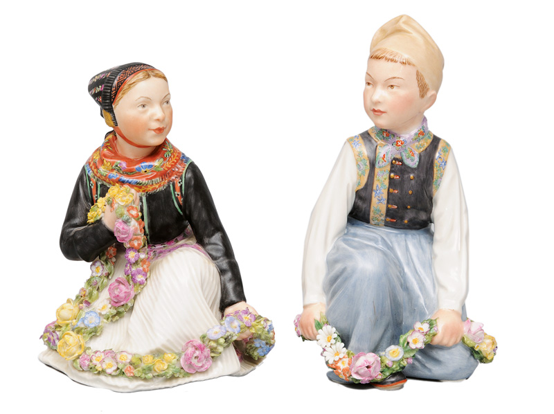 Zwei Trachtenfiguren "Blumenmädchen und Junge von Amager"