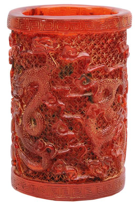 A fine Amber-brushpot with dragon decoration