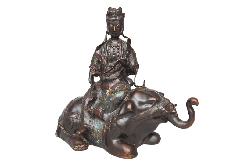 Bronze-Figur "Fugen Bosatsu" mit Champlevé-Dekor