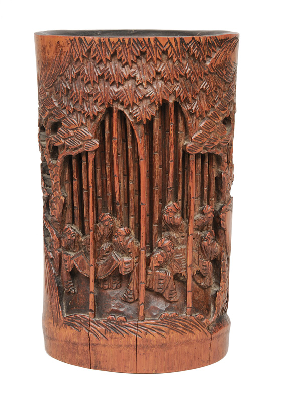 Bambus-Pinselbecher mit Gelehrten-Szene im Bambus-Hain