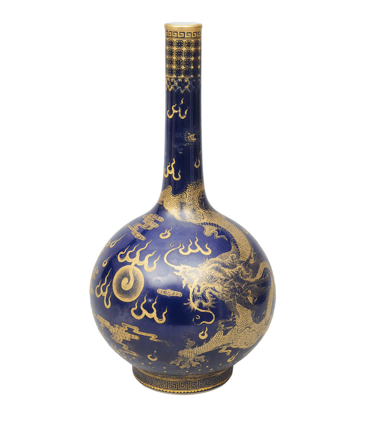A magnificent "Powder Blue" bottle vase with dragon and phoenix