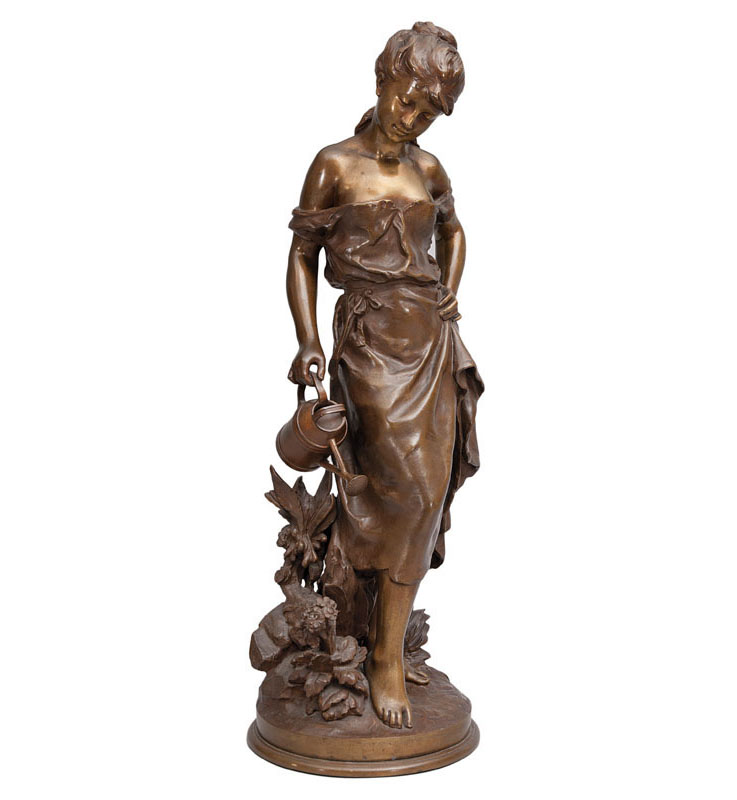 A hug Art Nouveau bronze figure 'Girl with watering can'
