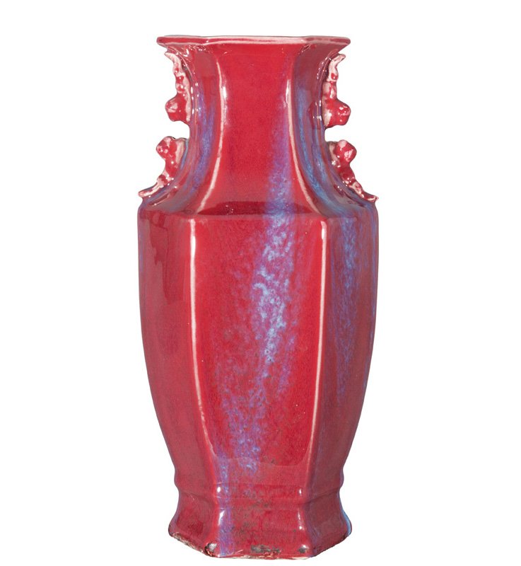 Hexagonale Flambé-Vase mit Fô-Hund-Handhaben