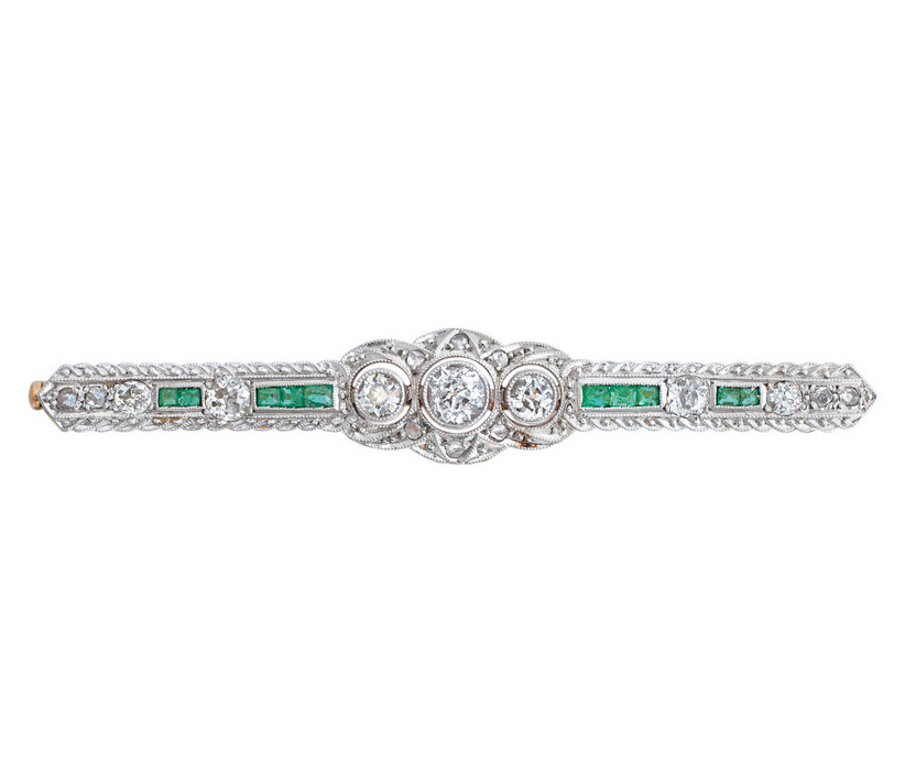 Kleine Art-Déco-Brosche mit Smaragd-Diamant-Besatz