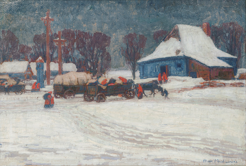 Horse Carts in a Winterly Polish Village