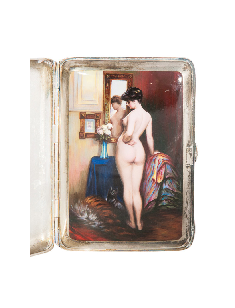 A rare cigarette case with erotic enamel painting
