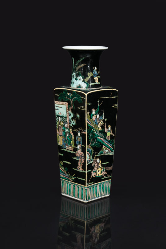A 'Famille Noire' square section vase with dignitaries