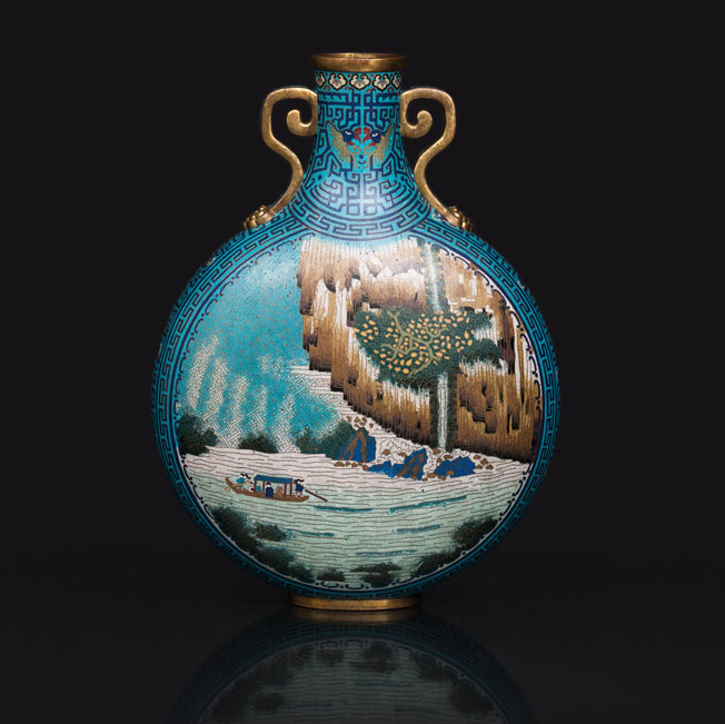 A large cloisonné moon flask with landscapes after the famous 'Ode to the Red Cliff'
