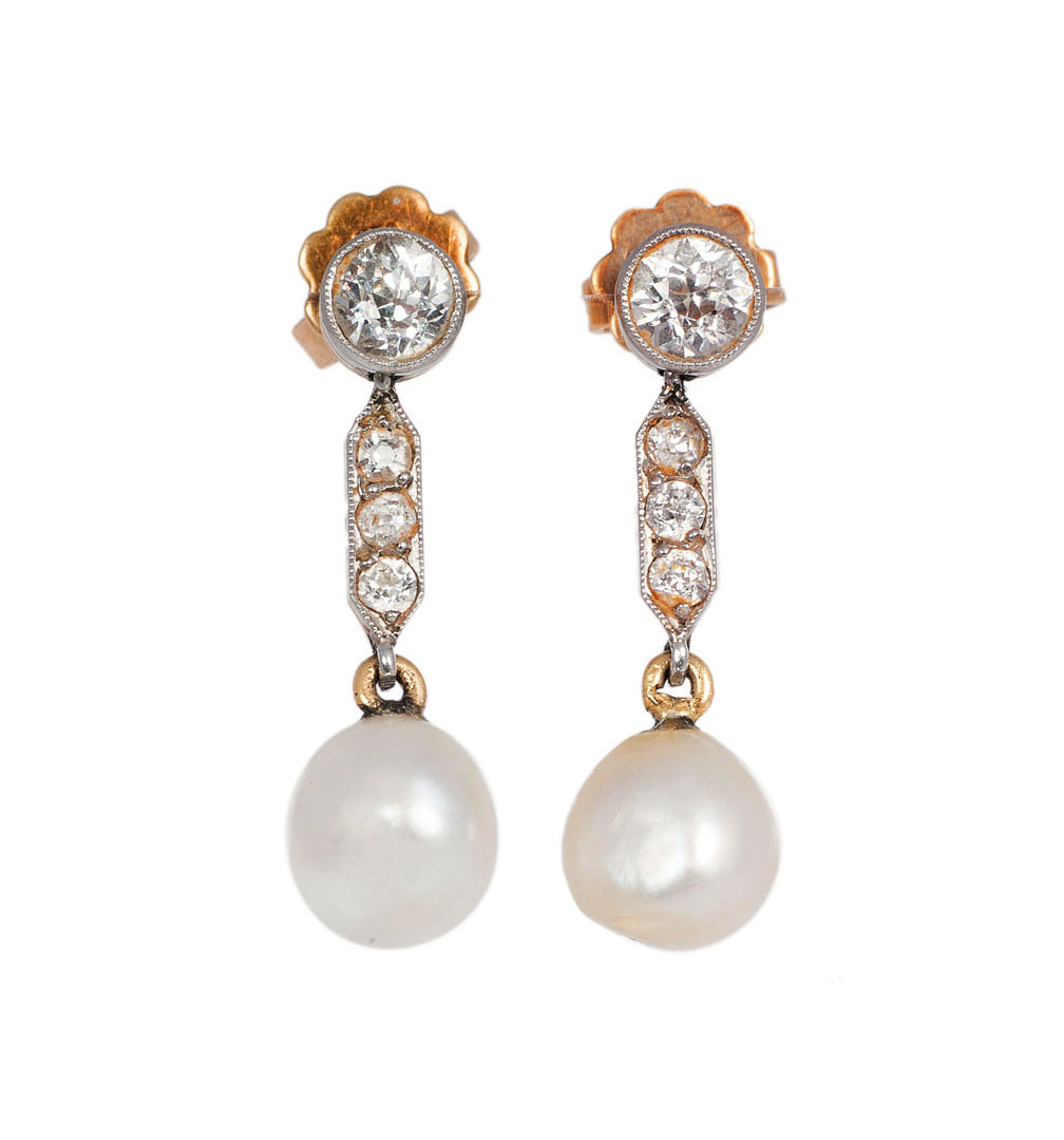 A pair natural pearl diamond earrings