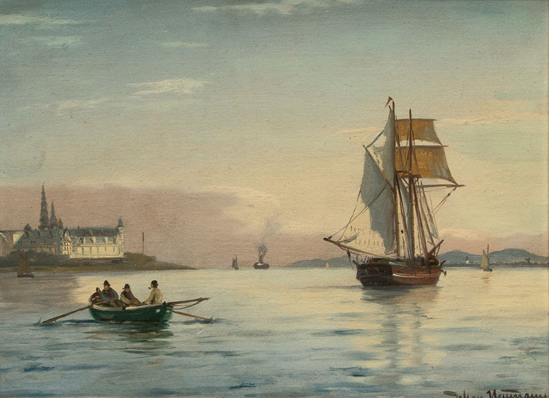 Segelschiff und Ruderboot vor Schloß Kronborg