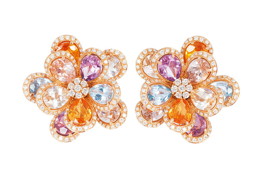 Paar blütenförmiger Farbedelstein-Brillant-Ohrringe