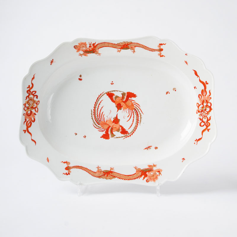 A large cambered shaped dish from the service with the 'Red Dragon'