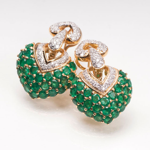 Paar Smaragd-Brillant-Ohrhänger 'Herzen'
