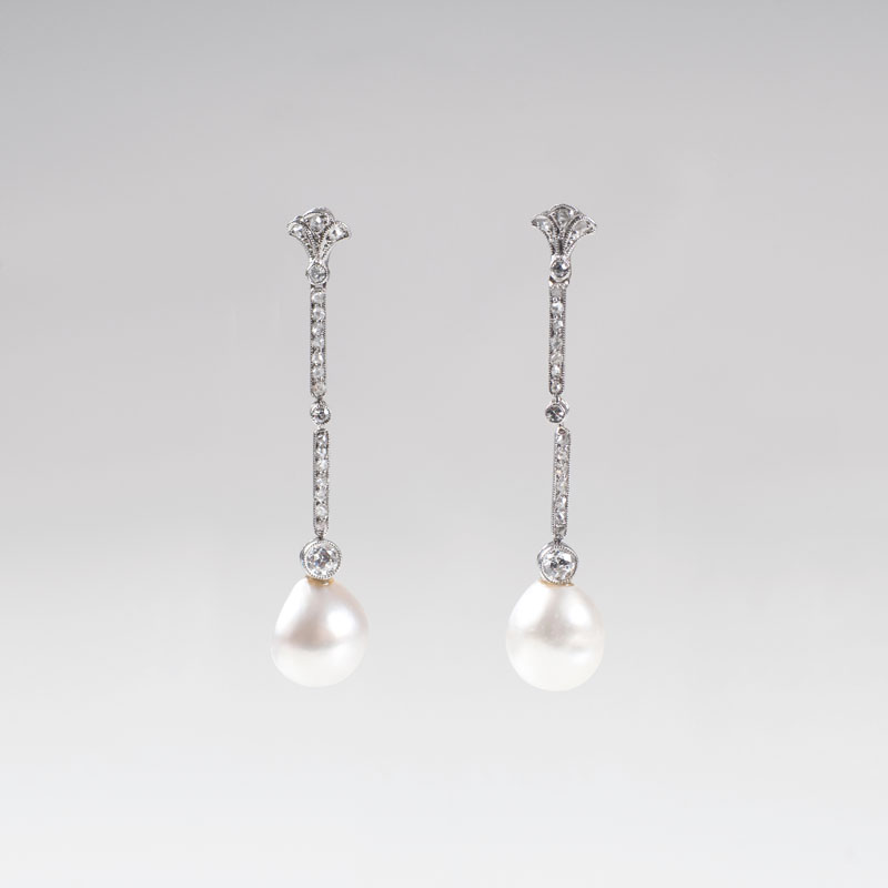A pair of Art Nouveau diamond earpendants with natural pearls