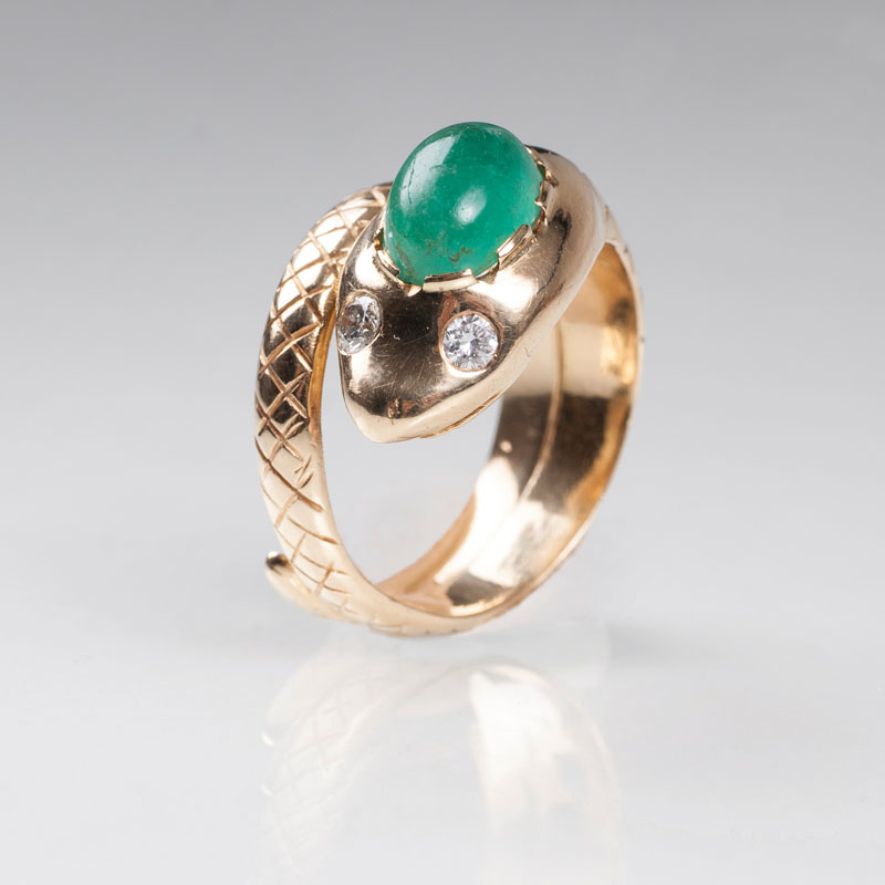 A golden ring 'Snake' with emerald and diamonds